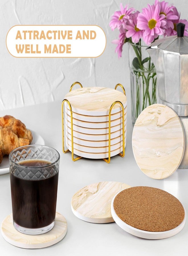GOH DODD Coasters for Drinks Set of 4, Absorbent Marble Style Ceramic Coaster Cup Coasters Tabletop Protection Home Decor with Metal Holder for Housewarming Gifts Wedding Party, Beige, Round, 4 Inch - Image 2